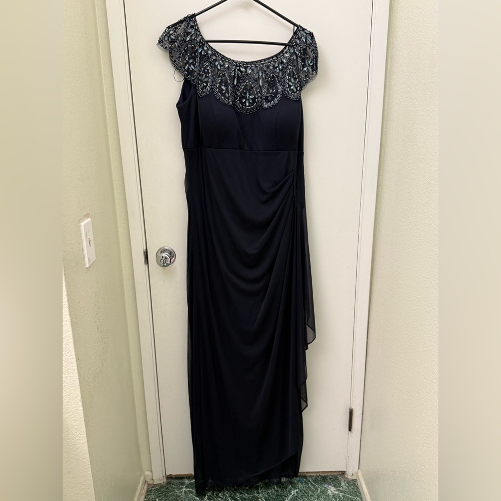 XSCAPE Women’s Sleeveless Navy Blue Dress with Beading 14W